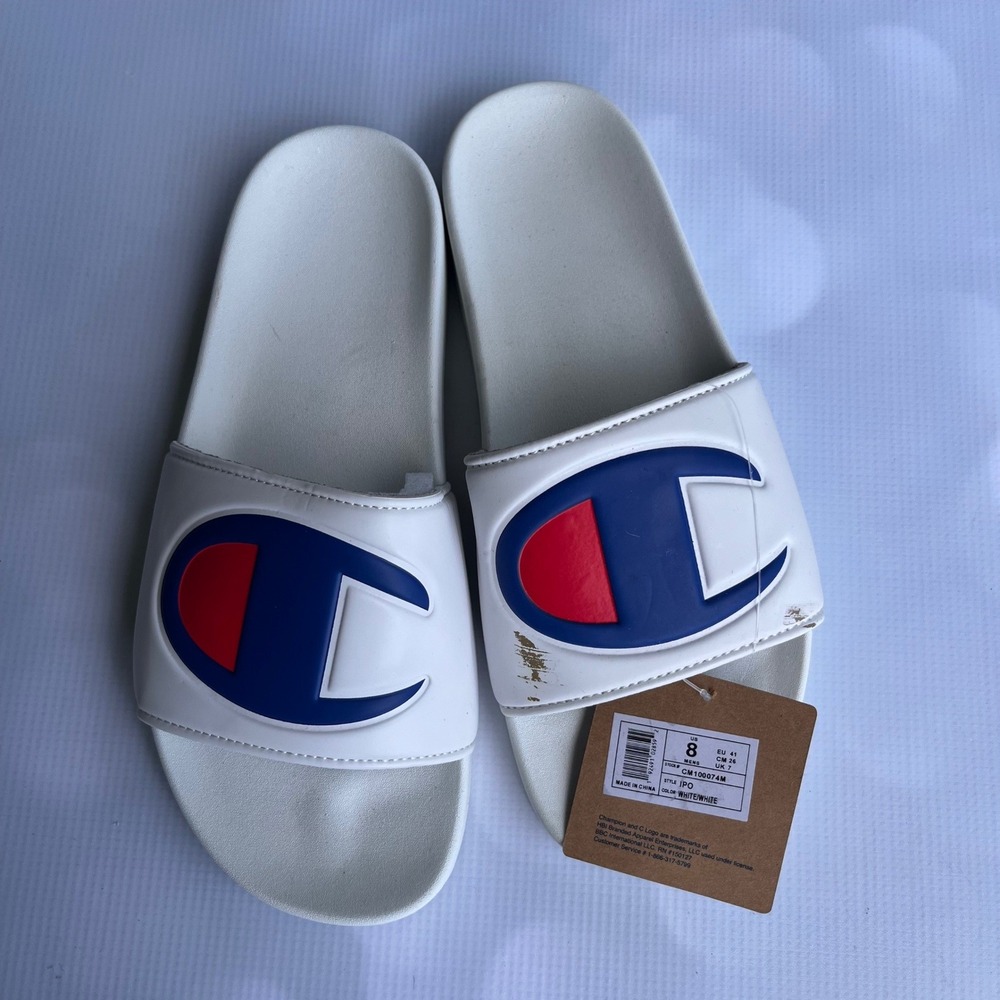Champion IPO Mens White Slide Sandals C Logo Size 8 NEW Streetwear Beach Retro